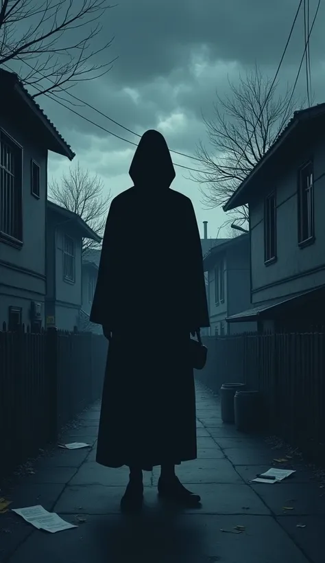 An atmospheric illustration depicting a mysterious and dark murder insurance case in Japan. The setting is a quiet suburban area in Honjo City, with a modest house in the background under a cloudy, ominous sky. In the foreground, a shadowy figure in silhou...