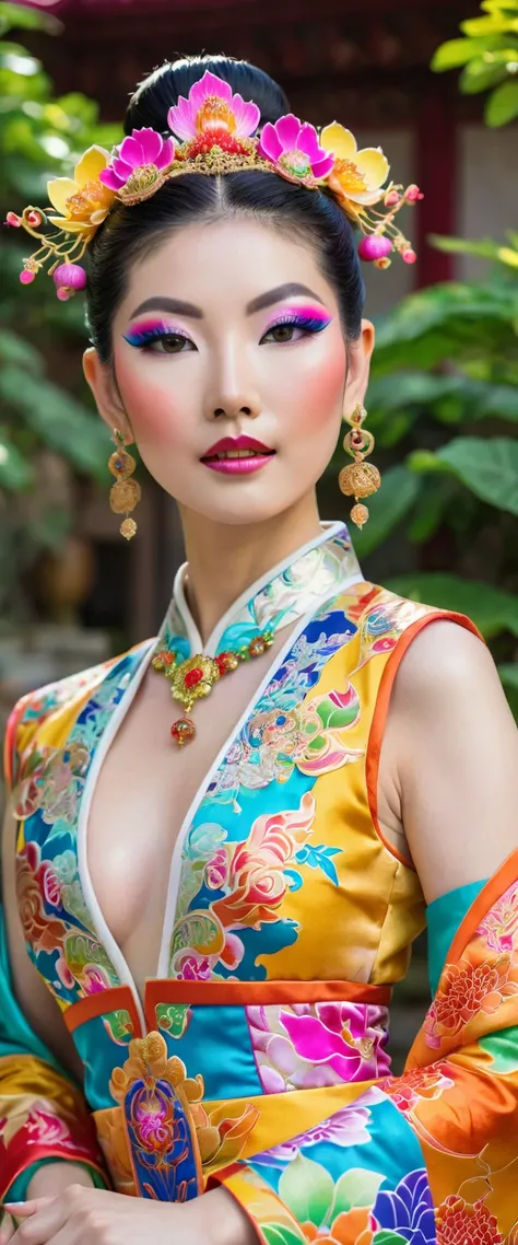 Portrait of an Asian female model, smooth porcelain white skin, using high-end cosmetics, cosplaying as a female bodhisattva in a colorful brocade costume, temple courtyard setting with a colorful garden of flowers and leaves