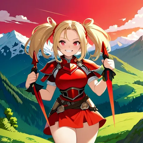 Masterpiece, HD, high resolution, high quality, best quality, super detailed. Solo character alone. Fantasy art.
{{(A 20-years-old norse-rogue-girl:(appearance: Medium blonde-golden-hair tied in two-high-twintails. fair skin. Very beautiful face. Cheerful ...