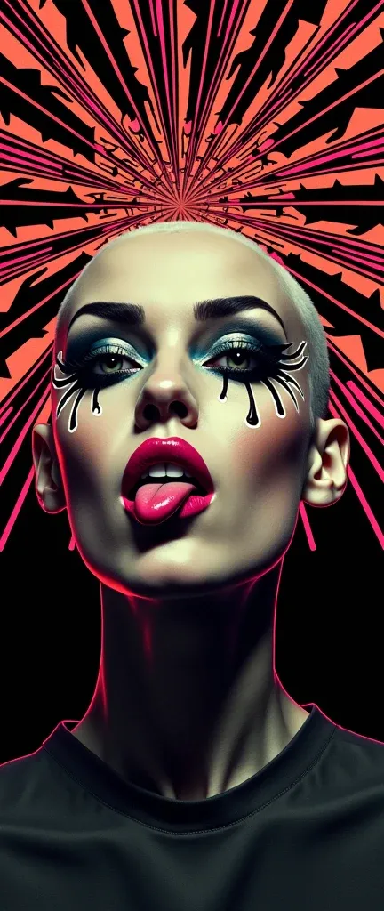 (Geometrically patterned art works)、background、 repetition、Pattern Art、woman、Trippy、black background、 edgy with your tongue out,  avant-garde , Experimental Appearance: shaved head or hair color,  Dramatic Makeup , Unconventional fashion choices, 