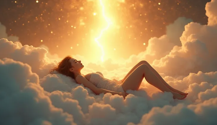 digital art science fiction in 3D . A slim and beautiful 18-years old woman,  lay down asleep in a quiet position  on the clouds,  in the center of a vast cosmic space ,  with golden light around you .  The space around you is untouched , infinite and bril...