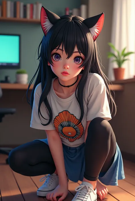 a beautiful mexican anime otaku girl with long dark hair,cat ears,wearing an anime graphic t-shirt,jeans skirt with black leggings and white vans sneakers,photorealistic,highly detailed,vibrant colors,studio lighting,beautiful detailed eyes,beautiful detai...