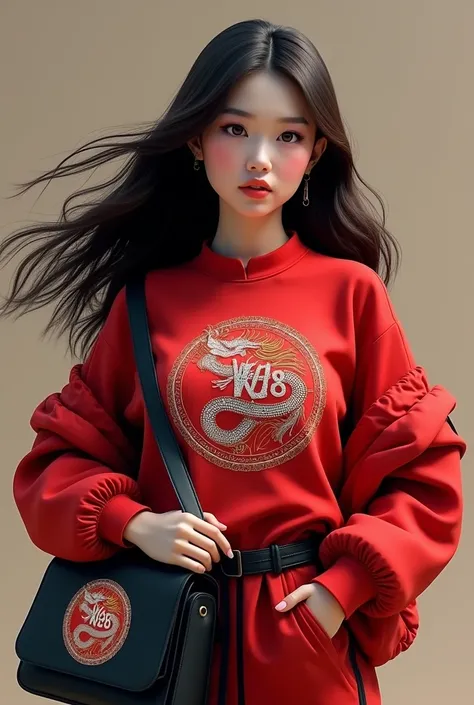 Beautiful woman holding a bag with the logo wow388 and wearing a red shirt and a jacket that says wow388 and a hat that says wow388
and there was a dragon circle on his body 