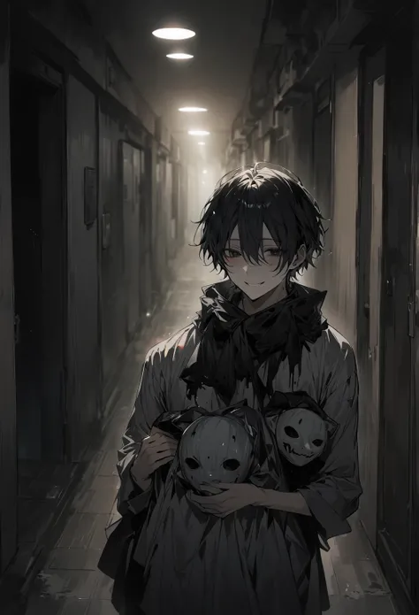   good-looking, Alone, 1 male,   short hair above hands,   black hair , Blind-covering hair, black eye,  blurry background , Apartment hallway,  dark  배경, High quality,  dark  , sexy, smile facial,  visitors, ** Yandere**, dismal, scary, dismal 미소, 30s, cr...