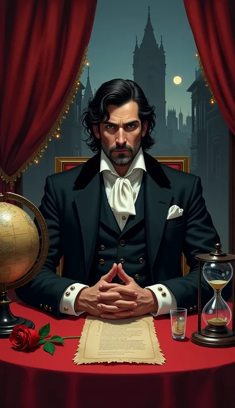 A sophisticated, mature Count of Monte Cristo, dressed in a dark, opulent suit, sits at a table adorned with a globe, hourglass, sealed letter, and a red rose. His piercing gaze meets the viewer, radiating wisdom and power. A crimson curtain behind him rev...