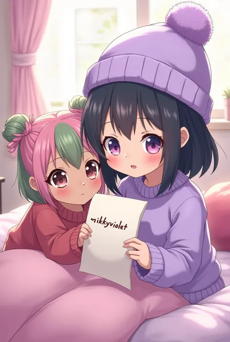 PIcture of a cute anime girl, dark complexion, black short hair,  a pastel purple beanie and a pastel purple sweater and is holding a paper saying NIKKYVIOLET and is in a purple bedroom and a shorter girl, pink and green hair, also dark complexion and shor...