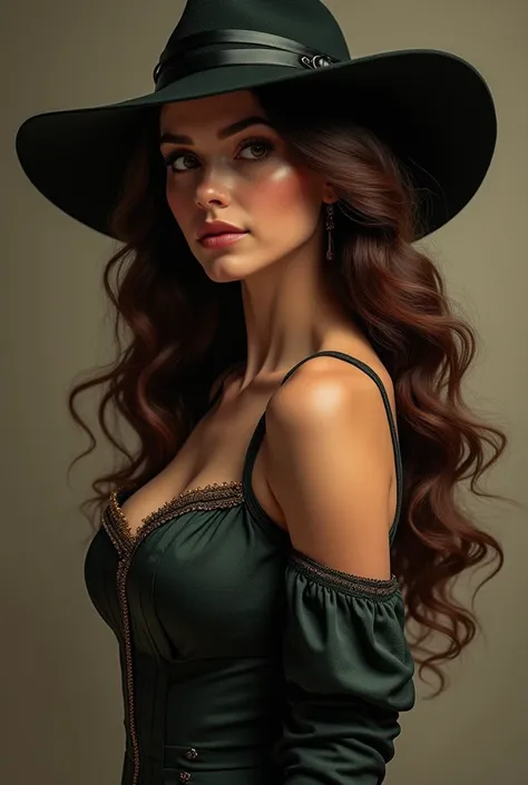 Woman in an elegant classic dress , with brown skin and long wavy hair and with a hat that covers her face