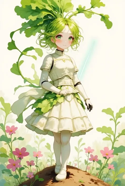 A cute anime illustration of a radish combined with a Stormtrooper,wielding a lightsaber、The character should be a girl with vibrantthair and an adorable expression,set against a colorful background