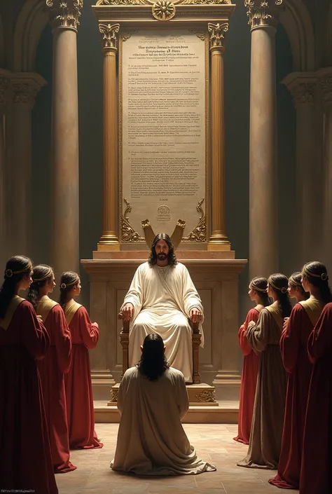 A realistic image of the ten commandments with Jesus Christ sitting beside the ten commandments and judging a person 