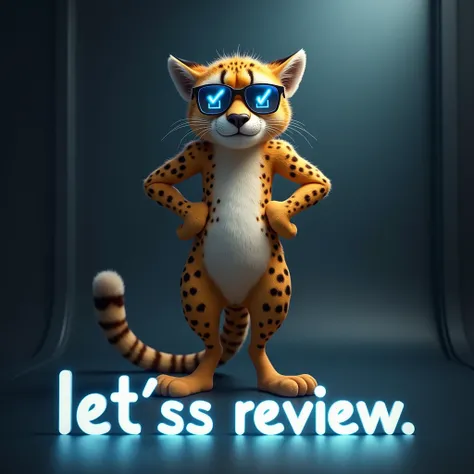 「Lets review」
Prompt: A cheetah leaning forward with its hands on its hips, its tattoos glowing faintly against its golden fur. Its sunglasses reflect a faint glowing checklist. The text "Lets review" appears in a clean, professional font across the bottom...