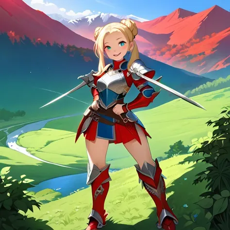 Masterpiece, HD, high resolution, high quality, best quality, super detailed. Solo character alone. Fantasy art.
{{(A 20-years-old norse-rogue-girl:(appearance: Medium blonde-golden-hair tied in two-high-twintails. fair skin. Very beautiful face. Cheerful ...