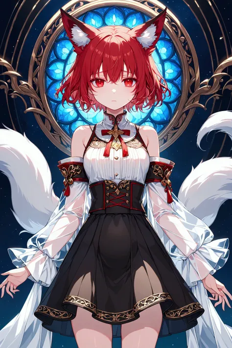 young girl, short red hair, fox ears, red eyes, sad, white lush shirt, transparent sleeves, open belly, open shoulders, long black skirt, Old Russian style, Magic Academy, Masterpiece, best quality, Full HD, 8k, ultra details, great graphic, anime style, 2...