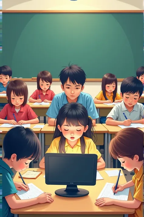 Poster of schoolchildren boys and girls sitting for exam with UASA T3 in the middle of the poster
