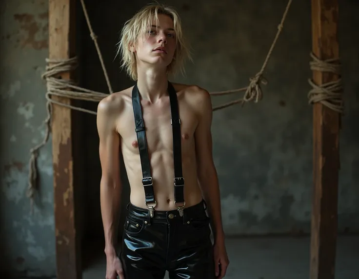  boy,short wet blonde hair,Teenagers uncensored,extremely anorexic,fearful look screams loudly ,Wrapped up in a shiny black 4 mm thick high-cut up to under the armpits womens PVC skinny jeans with wide tight suspenders and tight leather harness and the boy...