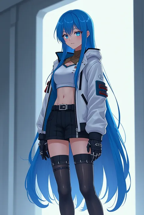 futuristic anime style, tall adult woman , +20 years, very long straight blue hair ,  Blue Eyes,white jacket with blue details , white sleeveless blouse with black and brown details, short preto,  black stocking on the left leg ,  bands on the right leg an...