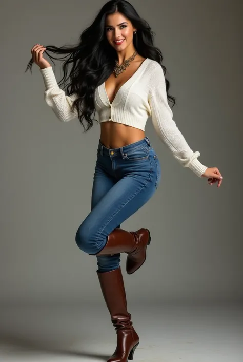 Best quality, masterpiece, detailed, middle eastern babe, 22 years old, exposed cleavage, white sweater, tight jeans, hourglass figure, perfect face, long black hair, knee high brown leather boots, smiling, kicking air