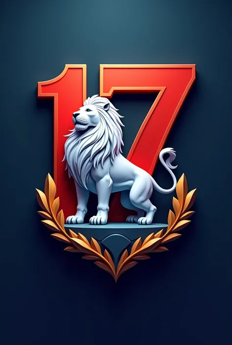  Create a logo with the number 17 and a lion , Do a creative design ,  the number uses a red 3d , Use colors such as blue ,  style and maybe something yellow ,  the lion that is strong white imposing a lion that represents greatness,  security that looks l...