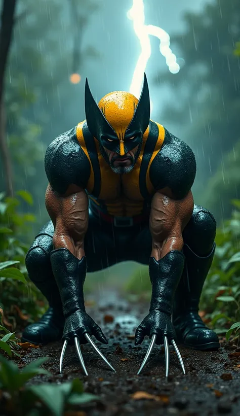 (photorealism:1.2), ### Image Description:

A hyper-realistic depiction of Wolverine in his X-Force uniform, crouching in a lush, green jungle during a thunderstorm. Raindrops glisten on his mask and claws, while lightning strikes illuminate the dark, mood...