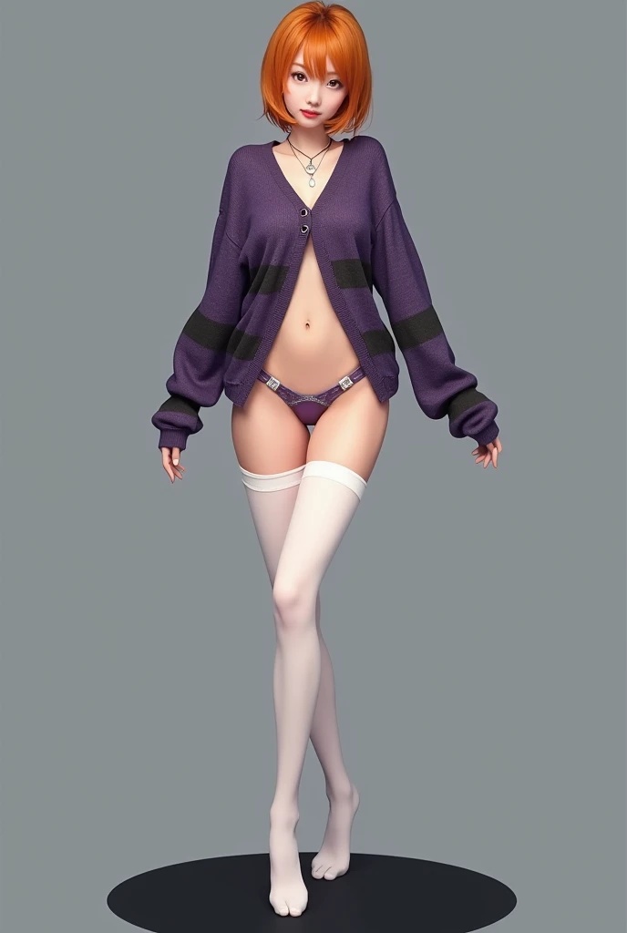 Hyperthealist,  Slim 20-year-old Japanese lady  , short orange hair,  wearing only a purple sweater with black stripes open in toples , thong of dental floss  ,  white thigh-length stockings ,  long legs , gray background , standing on a black circle  