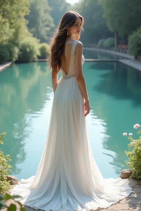 Girl with her back in a long white wedding dress and a pool in the background