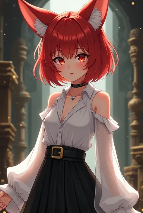 young girl, short red hair, fox ears, red eyes, sad, white lush shirt, transparent sleeves, open belly, open shoulders, long black skirt, Old Russian style, Magic Academy, Masterpiece, best quality, Full HD, 8k, ultra details, great graphic, anime style, 2...