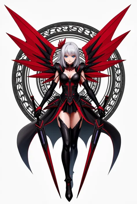 A female character with striking features, prominently displaying a pair of vibrant red wings. She is adorned in a black and red armor, with sharp, angular designs. The character wields two swords, one in each hand, and her gaze is intense and focused. Beh...