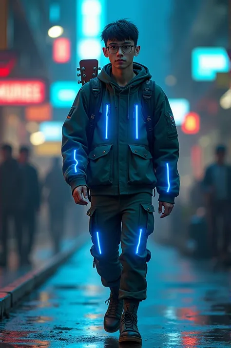 You have a young man ,  thin wearing glasses with a military-style haircut with a mole near his mouth,  in clothes with blue neon lights who wears his guitar and is walking 