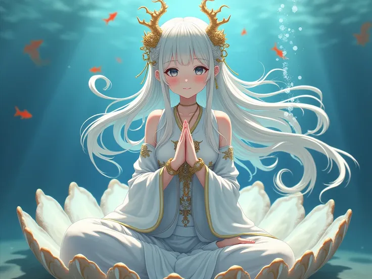 A Japanese anime-style illustration captures a tranquil underwater scene, where a girl with flowing, silk-**** white hair and majestic dragon horns sits gracefully on a massive, iridescent seashell. Her golden hair ornaments and bracelets shimmer softly, d...