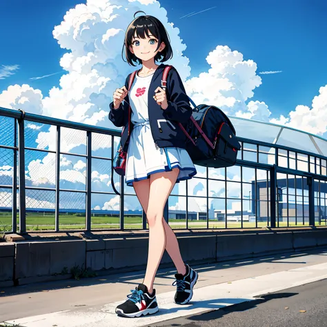 blue sky　smile　Walking Girl　Backpack　Wearing trainers　Black Hair