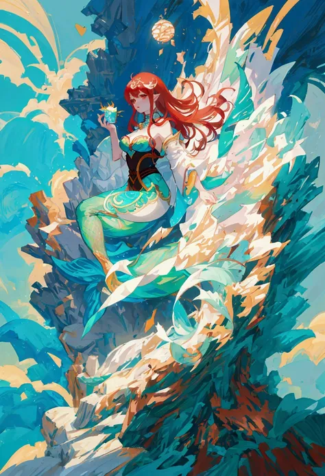 mermaid with long red hair and a white tail, concept art by Yang J, pixiv contest winner, fantasy art, beautiful mermaid, mermaid, fantasy art style, anime fantasy illustration, detailed digital anime art, a beautiful artwork illustration, cute detailed di...