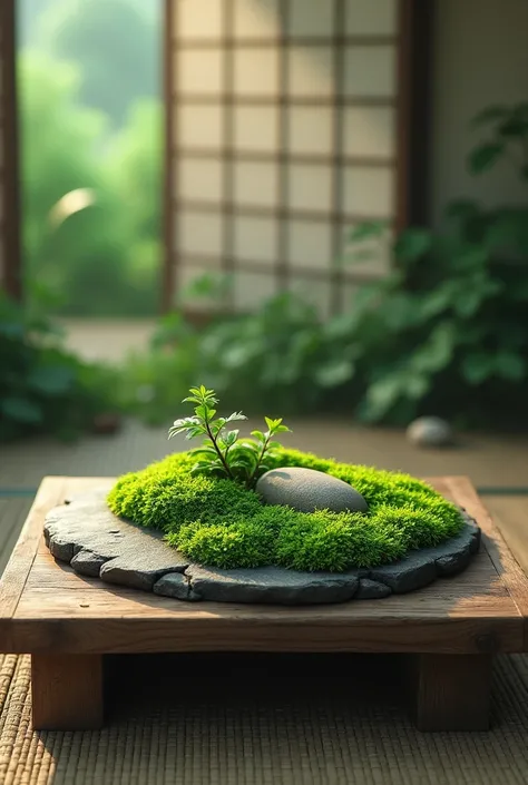  on a dead wood table、 old stone 、moss、 fresh、Below is、tatami、 behind 、curtain、green 🟢 color 。