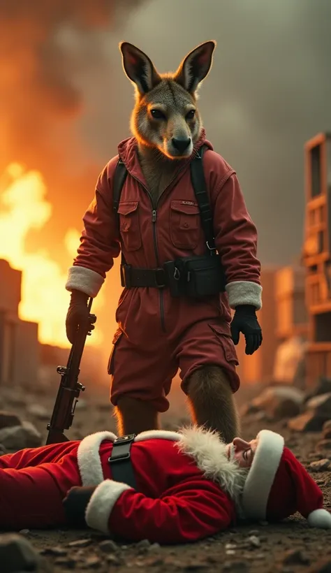 An 8k hyper-realistic scene of an anthropomorphic female kangaroo, depicted as a onesie worn in the famous series called La Casa de Papel in a dramatic battlefield setting. The female kangaroo wears an identical jumpsuit used in the La Casa de Papel series...