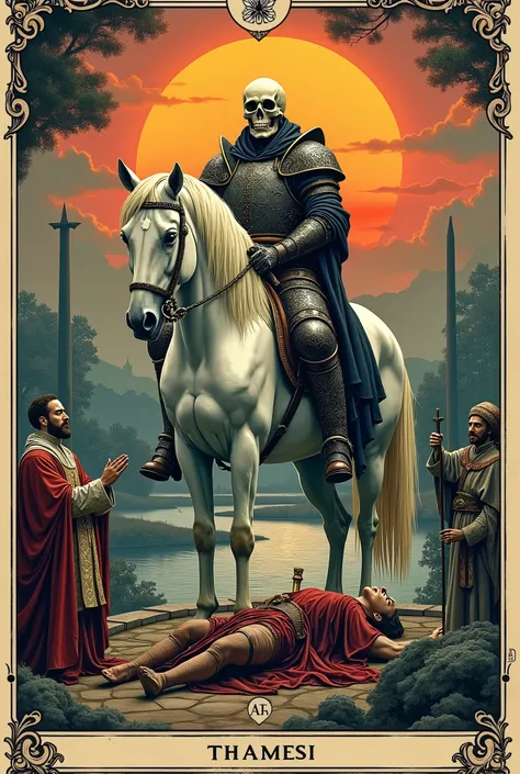 Masterpiece of color, realism, rough tarot aesthetic, vintage line art tarot aesthetic. A man with a skull face wears armor, he is mounted on a white horse. On the floor there is a kneeling bishop praying to the man on the horse. On the floor there is also...