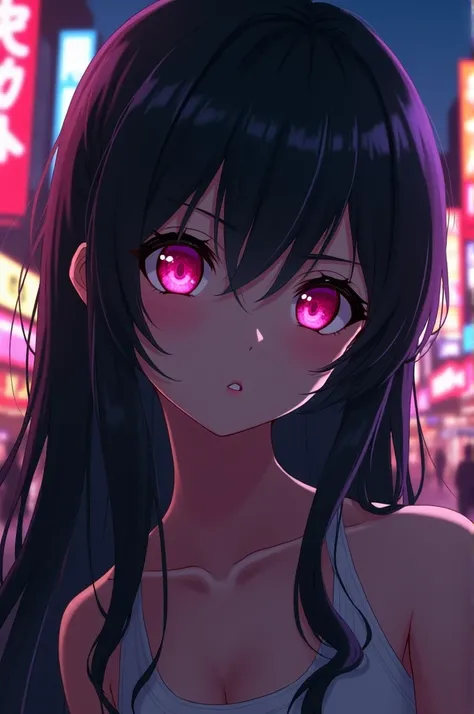  Yandere,  Beautiful Girl With Possessive Pink Eyes,  black hair ,  Cardiac pupil , Street Animation On The Date 
