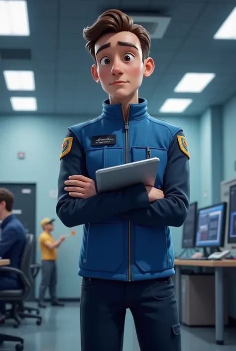 An animation driver is standing and wearing a blue gilet uniform