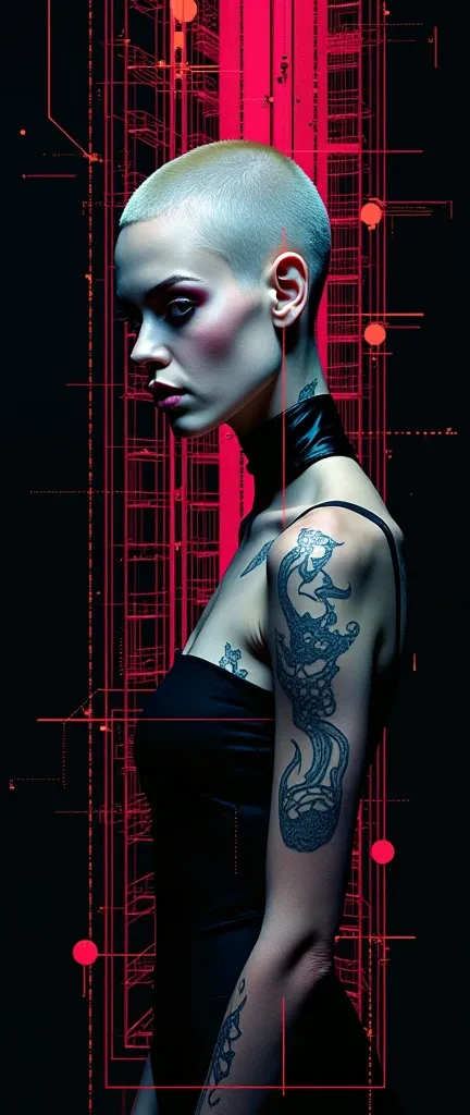 (Geometrically patterned art works)、background、 repetition、Pattern Art、woman、Trippy、black background、 edgy with your,  avant-garde , Experimental Appearance: shaved head or hair color,  Dramatic Makeup , Unconventional fashion choices, crazy sexy、cyber pun...