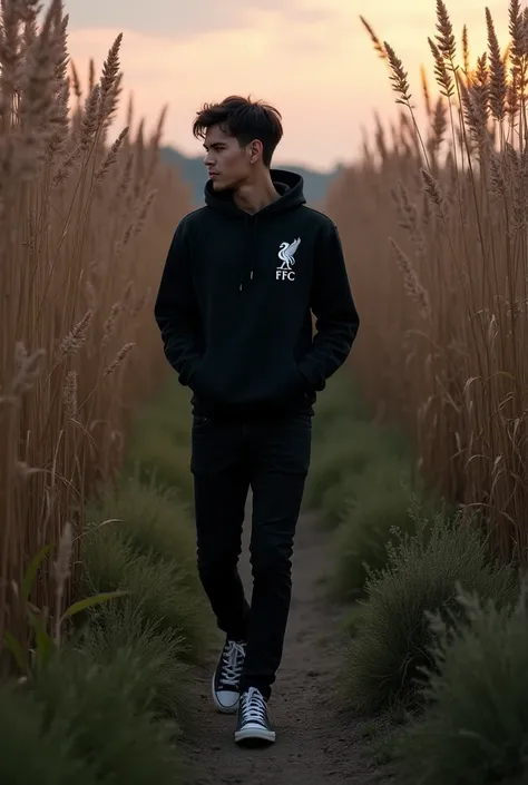  A handsome man from Indonesian wearing a black Hoodie with the Liverpool logo . FC black jeans Converse shoes is walking through a bush overgrown with reeds and is seen picking reed pistils while staring at the reeds at dusk,  looks realistic, Photographi...