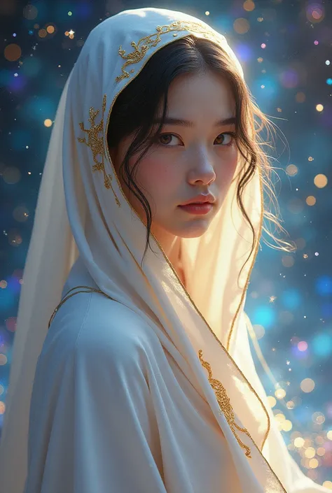 (masterpiece, top quality,  top quality,  Official Art ,  beautiful and sophisticated:1.2), ( 1 girl), Extremely detailed eyes, ( fractal art :1.3),  colorful ,  best details, ( perfect face), shiny skin,  high definition , (white cloak with gold lines :1....