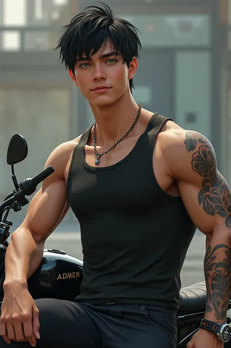 23-year-old athletic, black-haired boy with green eyes tattooed on one arm with a motorbike next to him
Realistic images 