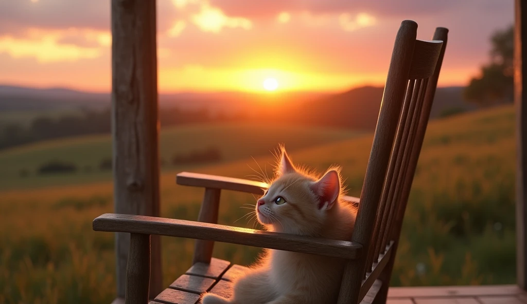 Ultra-detailed (a beige kitten with honey eyes, small and furry, resting in a rocking chair on a wooden porch overlooking a field at sunset), Hyper-realistic and cinematic lighting, 4k.