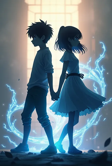 I want the shadow of a 17-year-old boy next to a shadow of a 17-year-old girl stuck together on our backs in a fighting pose and magical power in an anime style