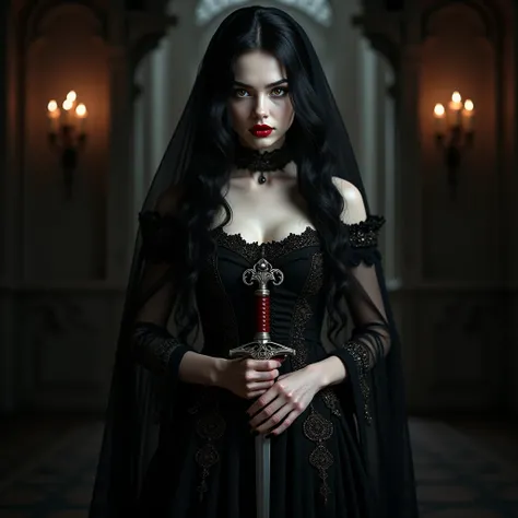 a girl, vampire, beautifull and has black long curly hair, fangs in mouth, wearing a closed medieval dress, full body, holding a dagger, 8k, realis