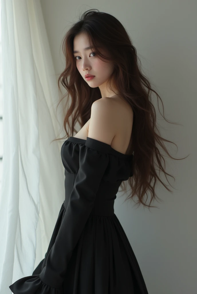 Pretty Korean girl that looks Japanese that is wearing a black dress that isn’t revealing with brown hair