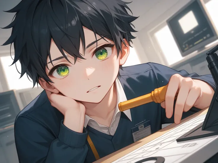 A close-up shot of a young man in his late twenties, with short black hair and sharp green eyes, wearing a simple work shirt, focused and slightly tense while assembling a mechanical prototype on a cluttered workbench. His face shows a mix of determination...