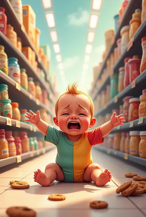 "A realistic and detailed illustration of a crying baby in a supermarket aisle, sitting on the floor with arms outstretched, desperately pointing at a pack of cookies on a low shelf. The baby wears a colorful onesie and has tear-streaked cheeks, with an up...