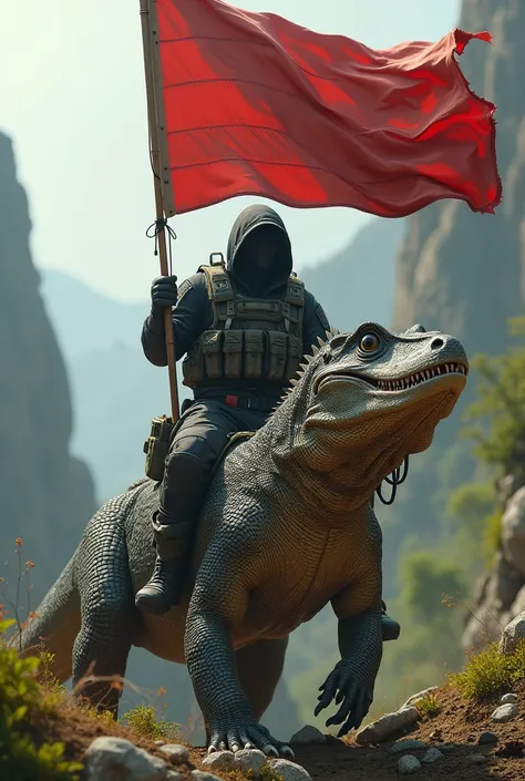 A special forces man riding a Komodo bearing a 1627 red and white flag