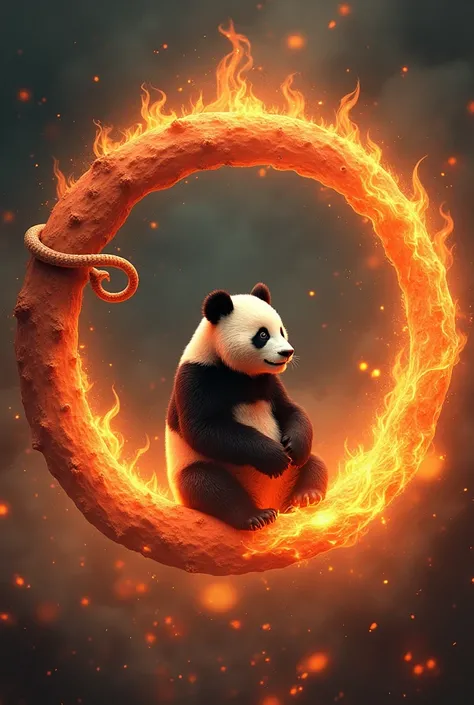 A circle with flames with a worm and panda 