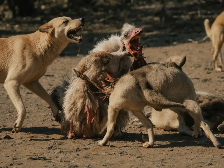 Bloody ostrich bitten by dogs 