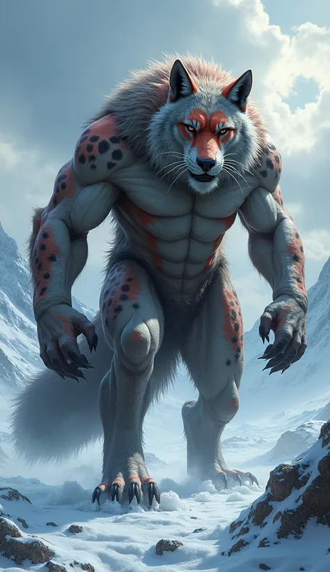 " A giant and furious hybrid creature ,  combining the elements of a wolf ,  a fox and a panther , in a frozen arctic setting ,  with snow-capped mountains in the background and dramatic sky .  The creature has the robust and muscular body of the wolf , wi...