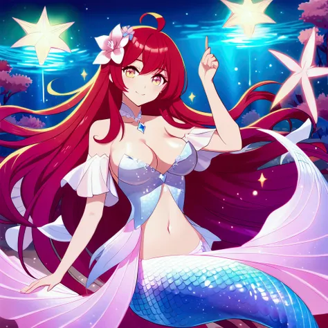 mermaid with long red hair and a white mermaid tail, concept art by Yang J, pixiv contest winner, fantasy art, beautiful mermaid, mermaid, fantasy art style, anime fantasy illustration, detailed digital anime art, a beautiful artwork illustration, cute det...